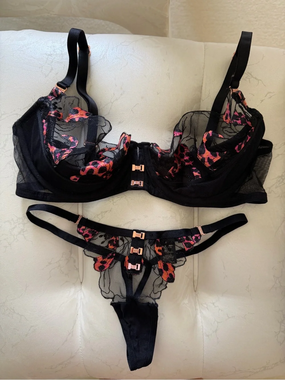 Honey Birdette Black Sheer Mesh Bra & Thong with Pink and Orange Embroidery - Picture 1 of 13
